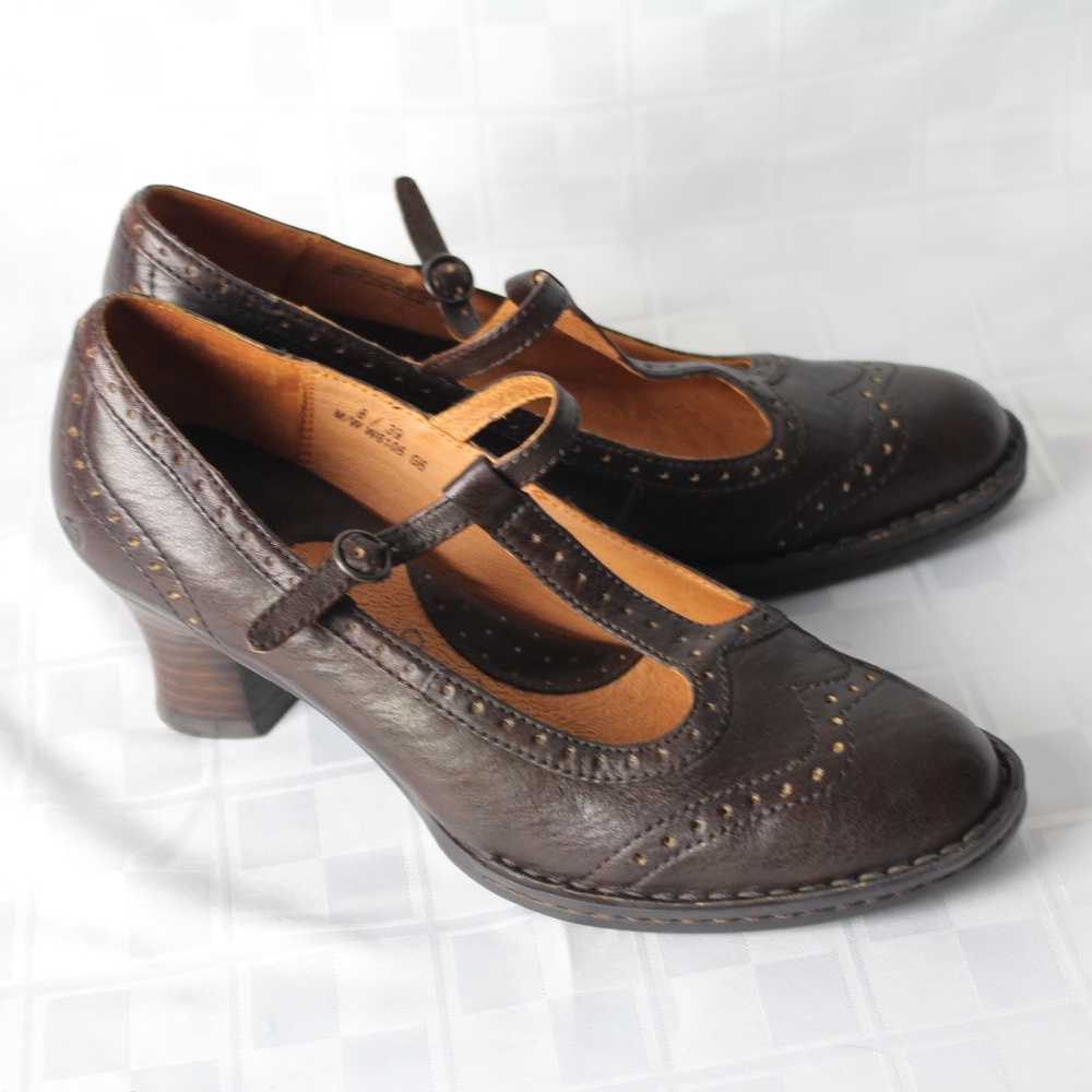 Born T Strap Brown Leather Heels Hand Crafted Oxford Style Women's Size 8